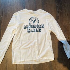 American Eagle Outfitters White Long-Sleeve Tee with Navy Chest Logo